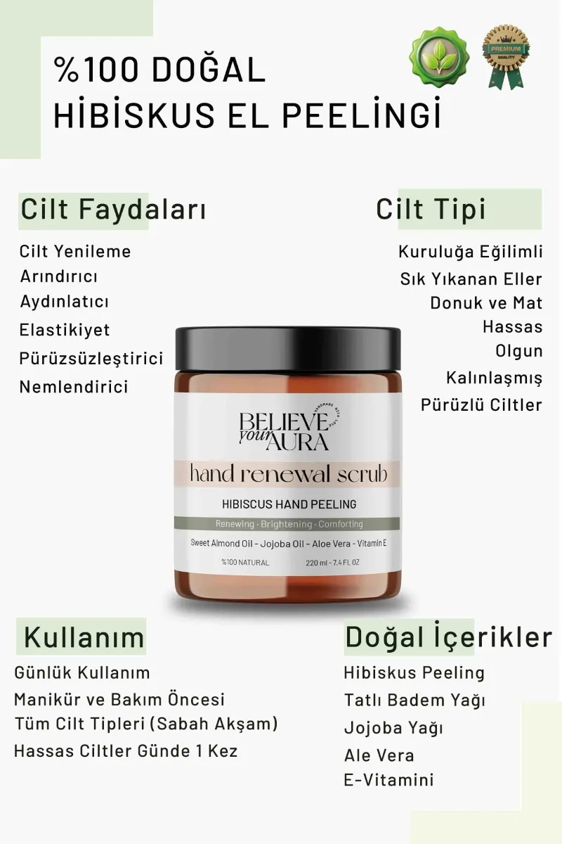 Believe Your Aura El ve Tırnak Bakım Peelingi - Onarıcı Nemlendirici %100 Doğal Hibiskus El Bakım Peelingi -BDSHAND106-220