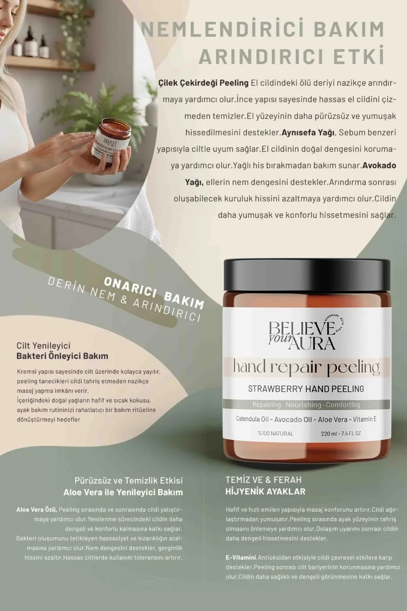 Believe Your Aura Çilek Özlü El ve Vücut Peelingi - Besleyici Yumuşatıcı Batık Önleyici El ve Vücut Peelingi - BDSHAND109-220