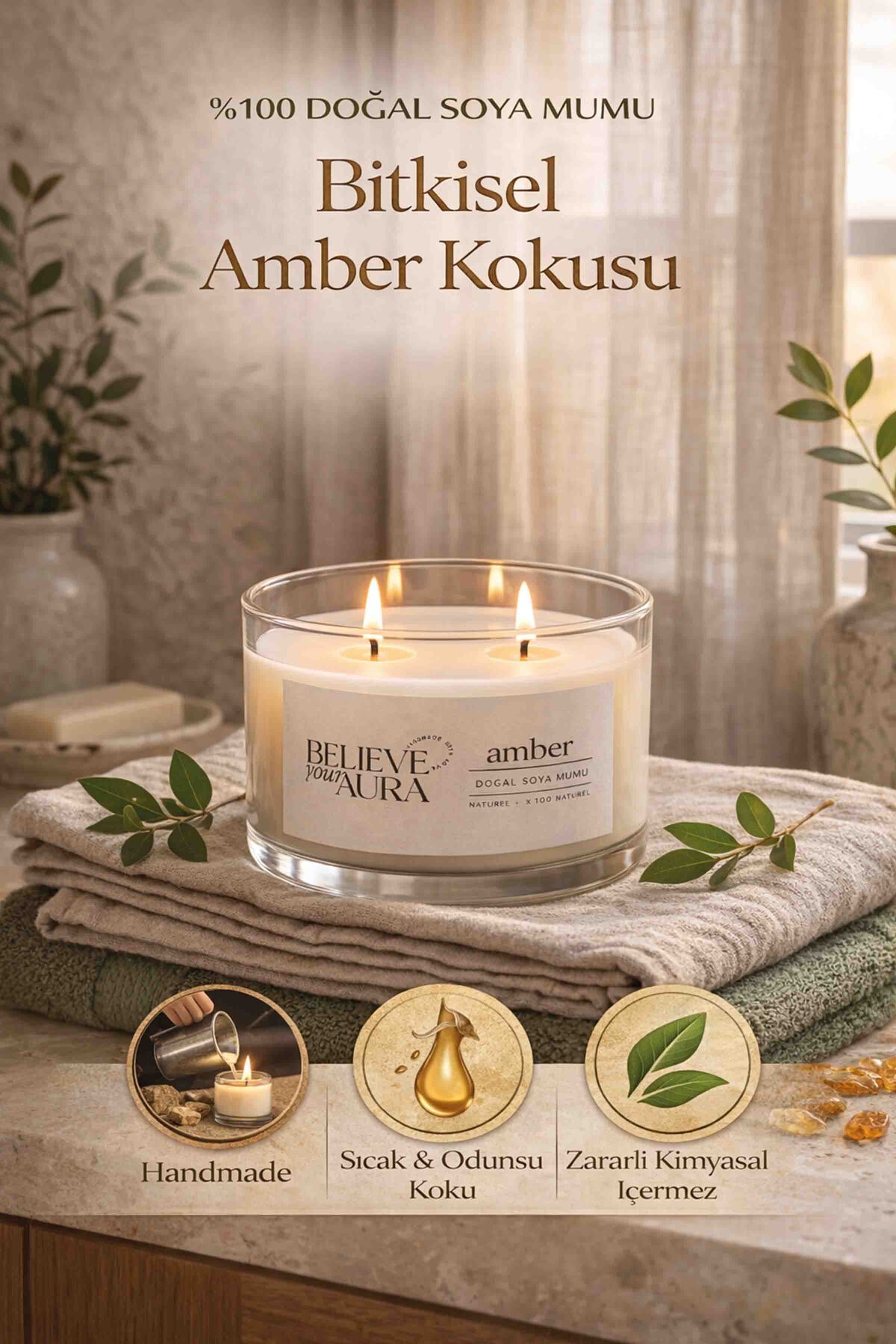 Believe Your Aura Amber Kokulu Soya Mumu – 120 cc Aromaterapi Kase Mum