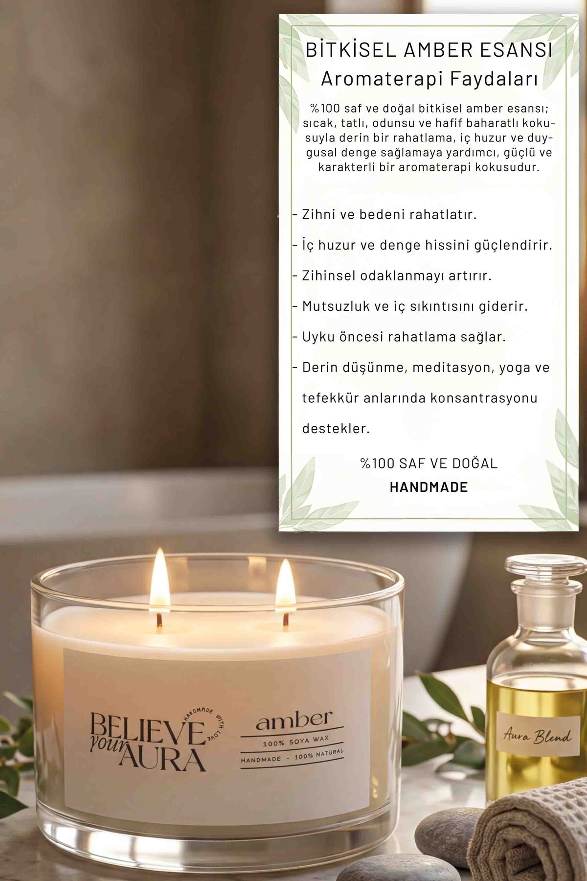 Believe Your Aura Amber Kokulu Soya Mumu – 120 cc aromaterapi kase mum, görsel 3