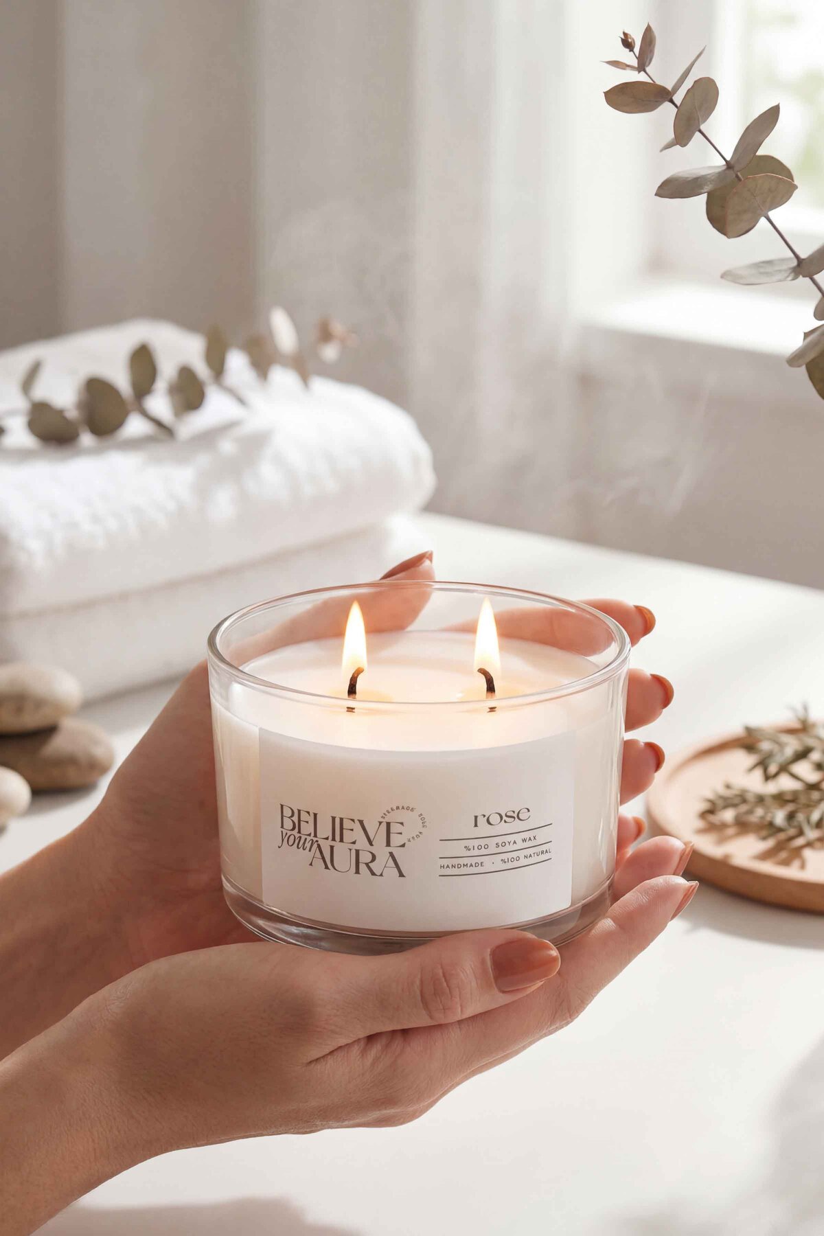Believe Your Aura Gül Kokulu Soya Mumu – 120 cc aromaterapi kase mum, görsel 2