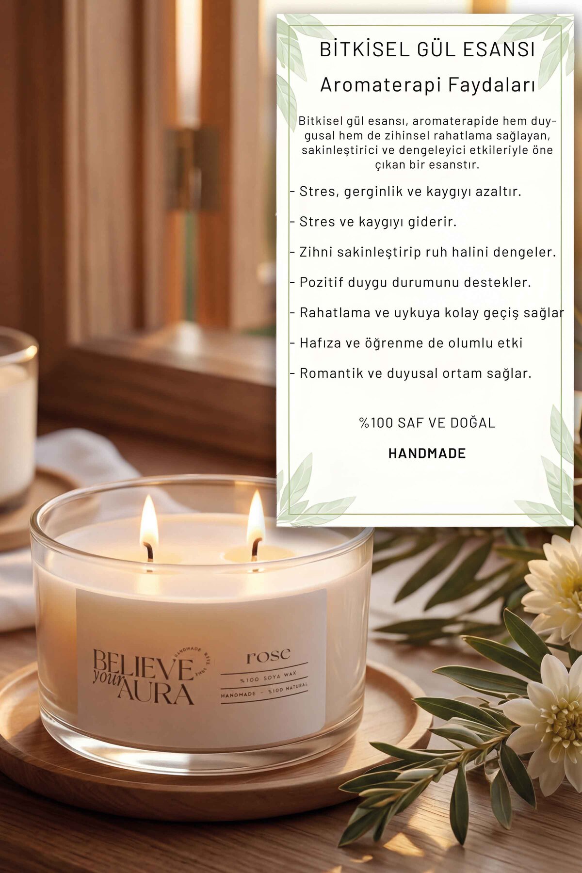Believe Your Aura Gül Kokulu Soya Mumu – 120 cc aromaterapi kase mum, görsel 3
