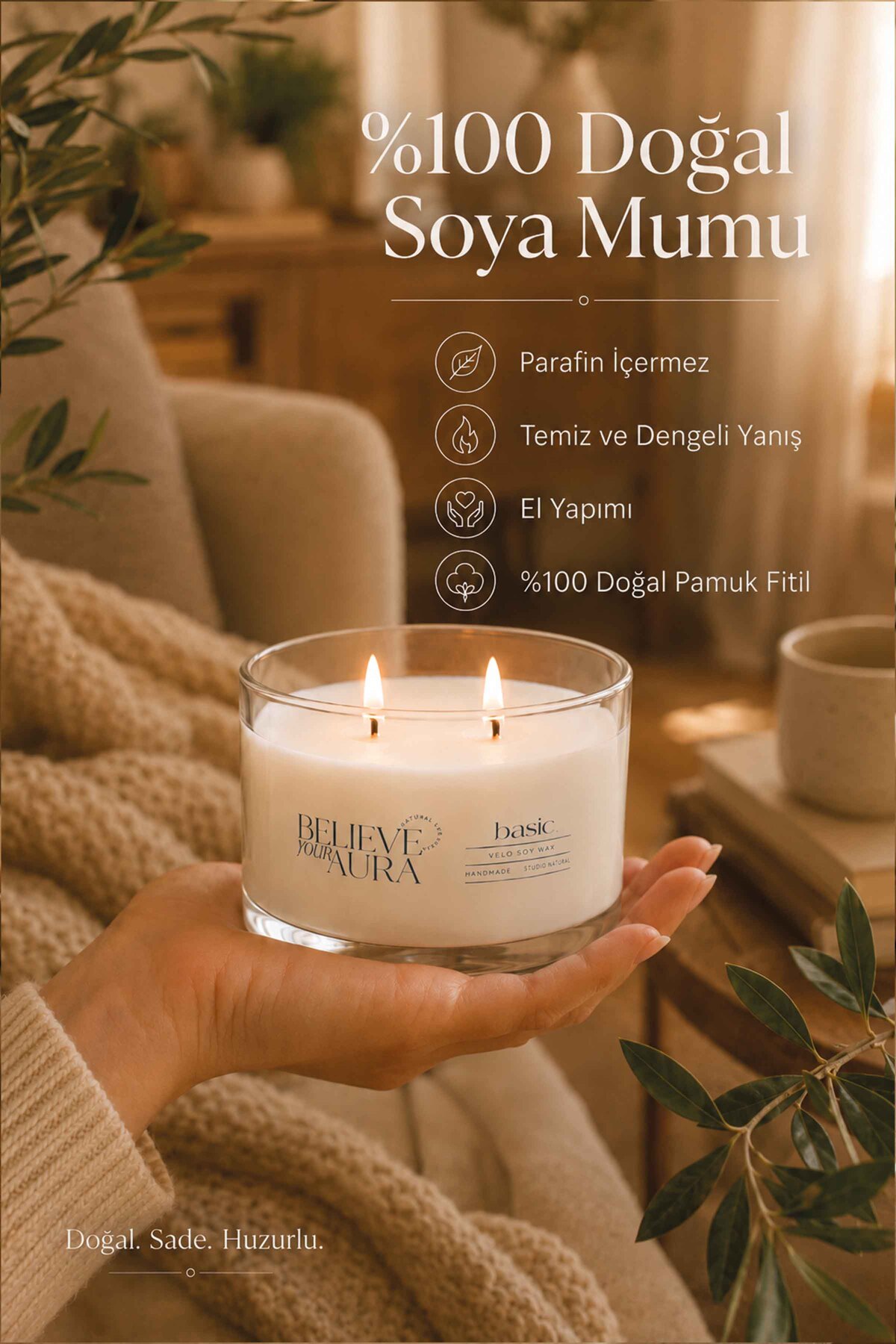 Believe Your Aura Kokusuz Soya Mumu – 120 cc aromaterapi kase mum, görsel 2