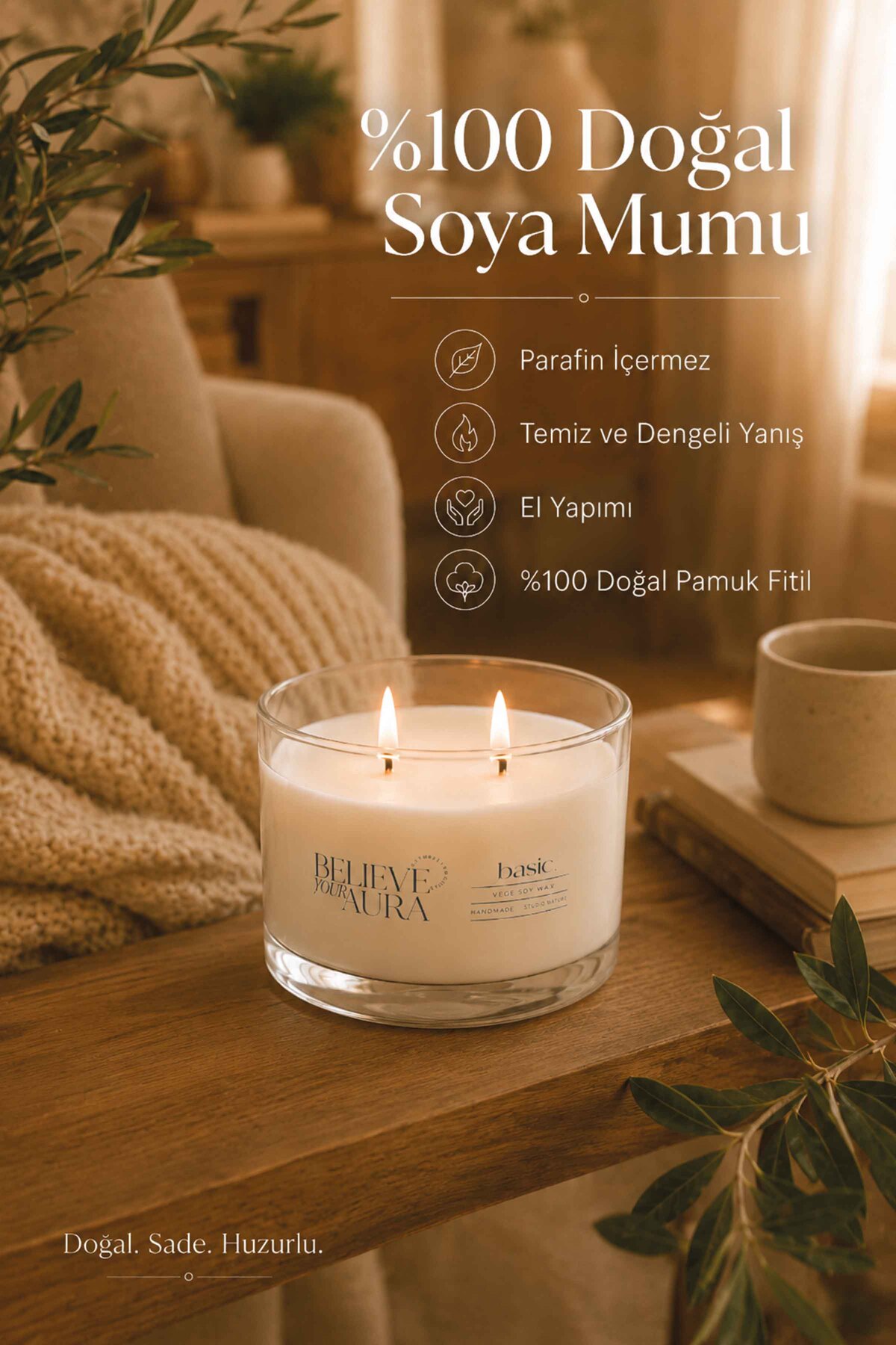 Believe Your Aura Kokusuz Soya Mumu – 120 cc aromaterapi kase mum, görsel 4