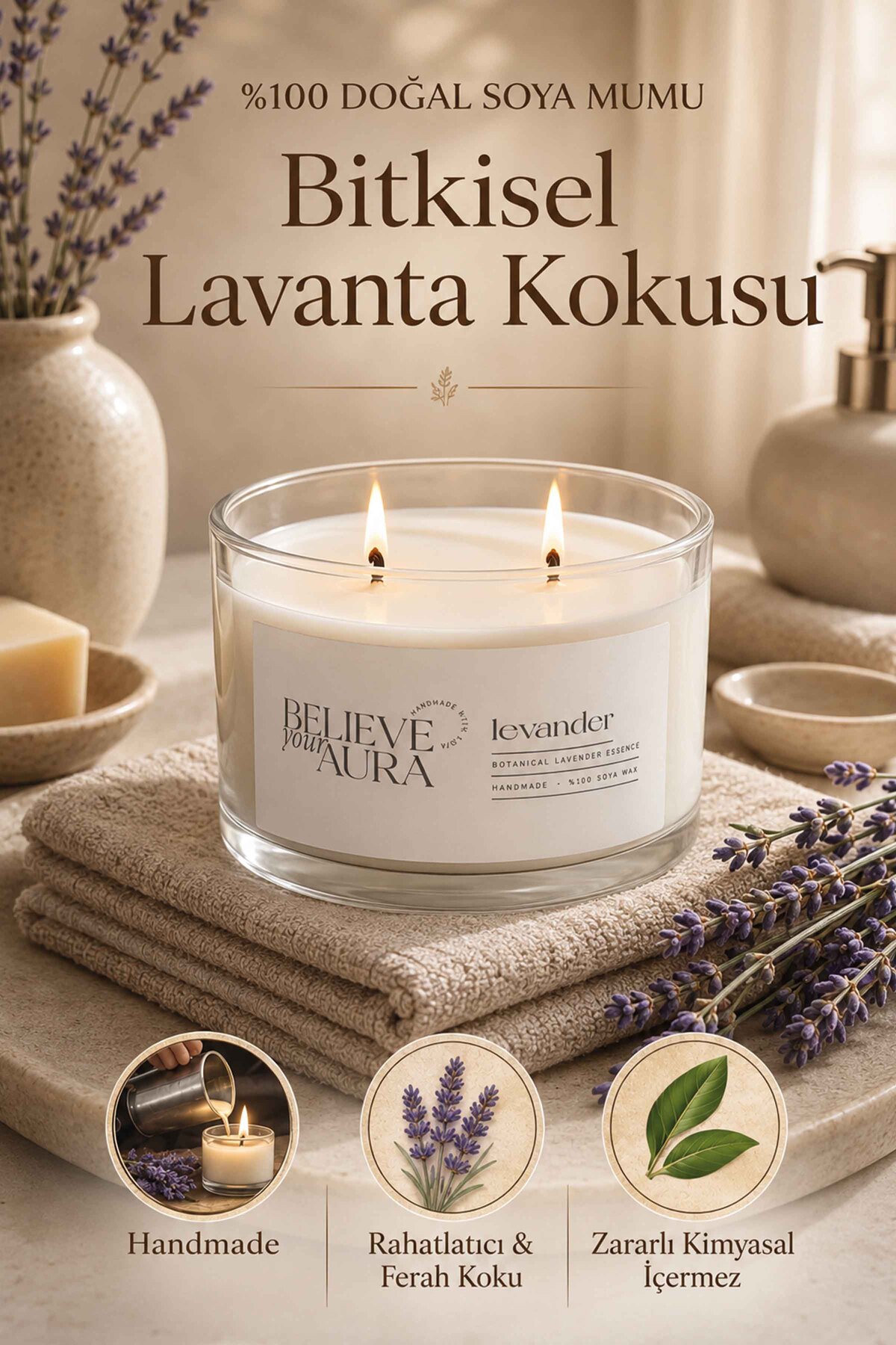 Believe Your Aura Lavanta Kokulu Soya Mumu – 120 cc Aromaterapi Kase Mum