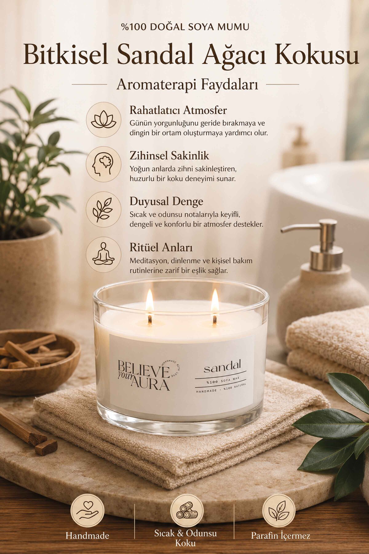 Believe Your Aura Sandal Ağacı Kokulu Soya Mumu – 120 cc aromaterapi kase mum, görsel 3