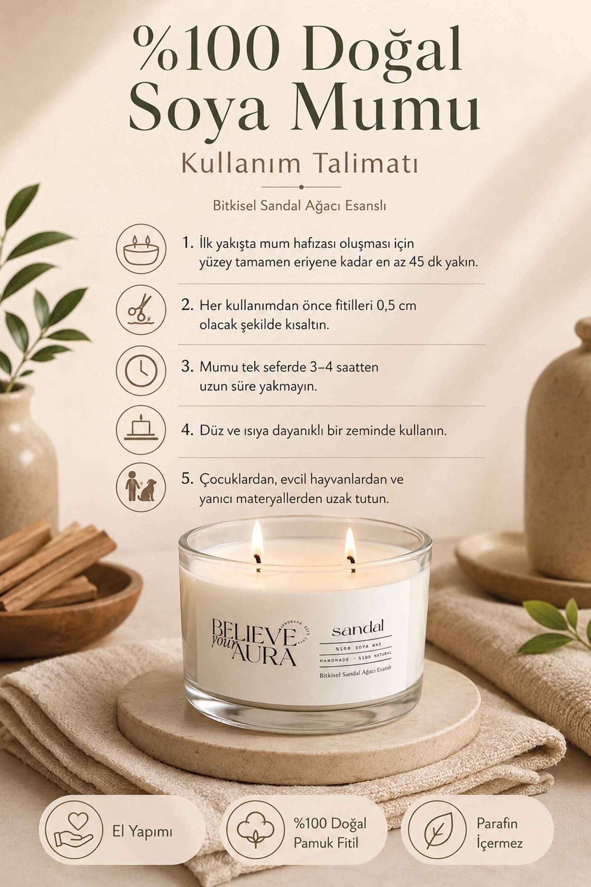 Believe Your Aura Sandal Ağacı Kokulu Soya Mumu – 120 cc aromaterapi kase mum, görsel 4