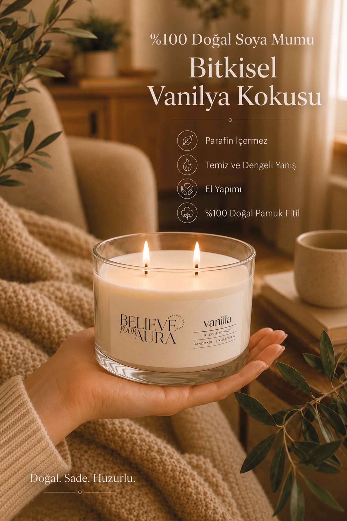 Believe Your Aura Vanilya Kokulu Soya Mumu – 120 cc aromaterapi kase mum, görsel 2