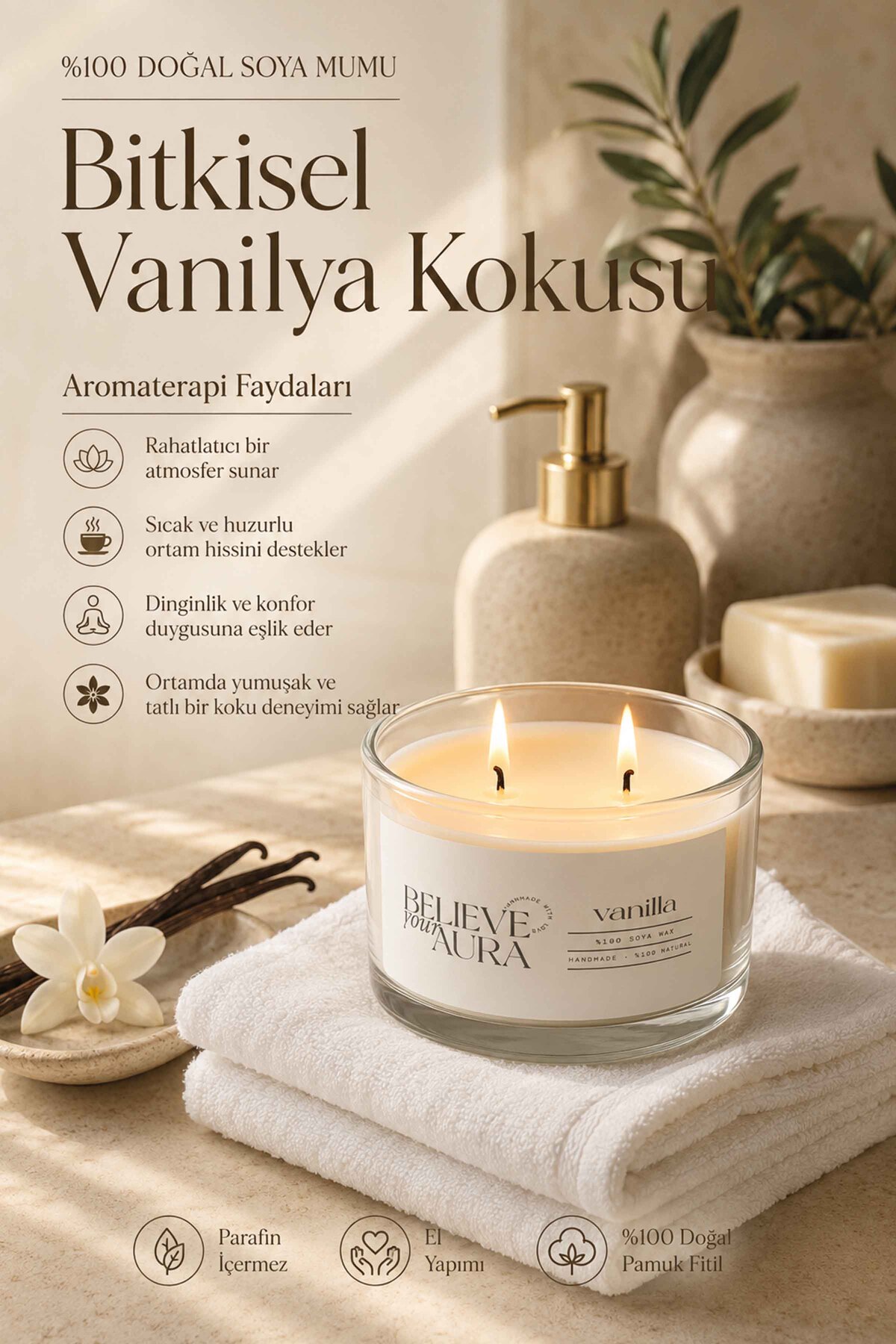 Believe Your Aura Vanilya Kokulu Soya Mumu – 120 cc aromaterapi kase mum, görsel 3