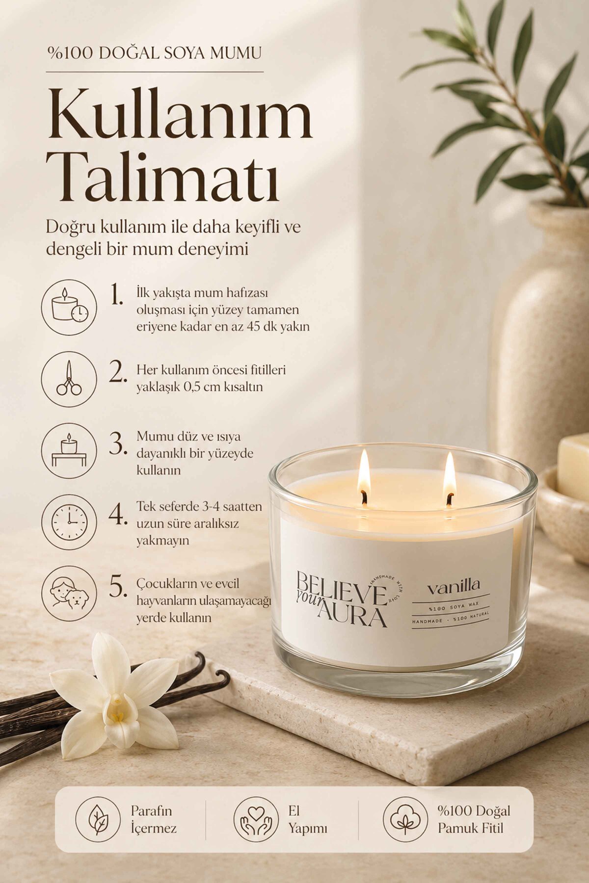 Believe Your Aura Vanilya Kokulu Soya Mumu – 120 cc aromaterapi kase mum, görsel 4