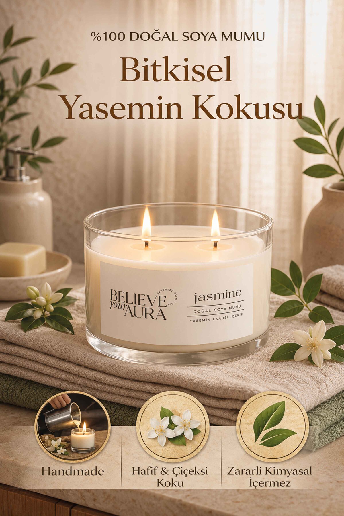 Believe Your Aura Yasemin Kokulu Soya Mumu – 120 cc Aromaterapi Kase Mum