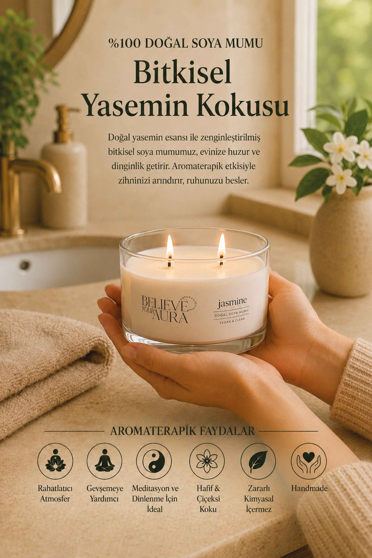 Believe Your Aura Yasemin Kokulu Soya Mumu – 120 cc aromaterapi kase mum, görsel 2