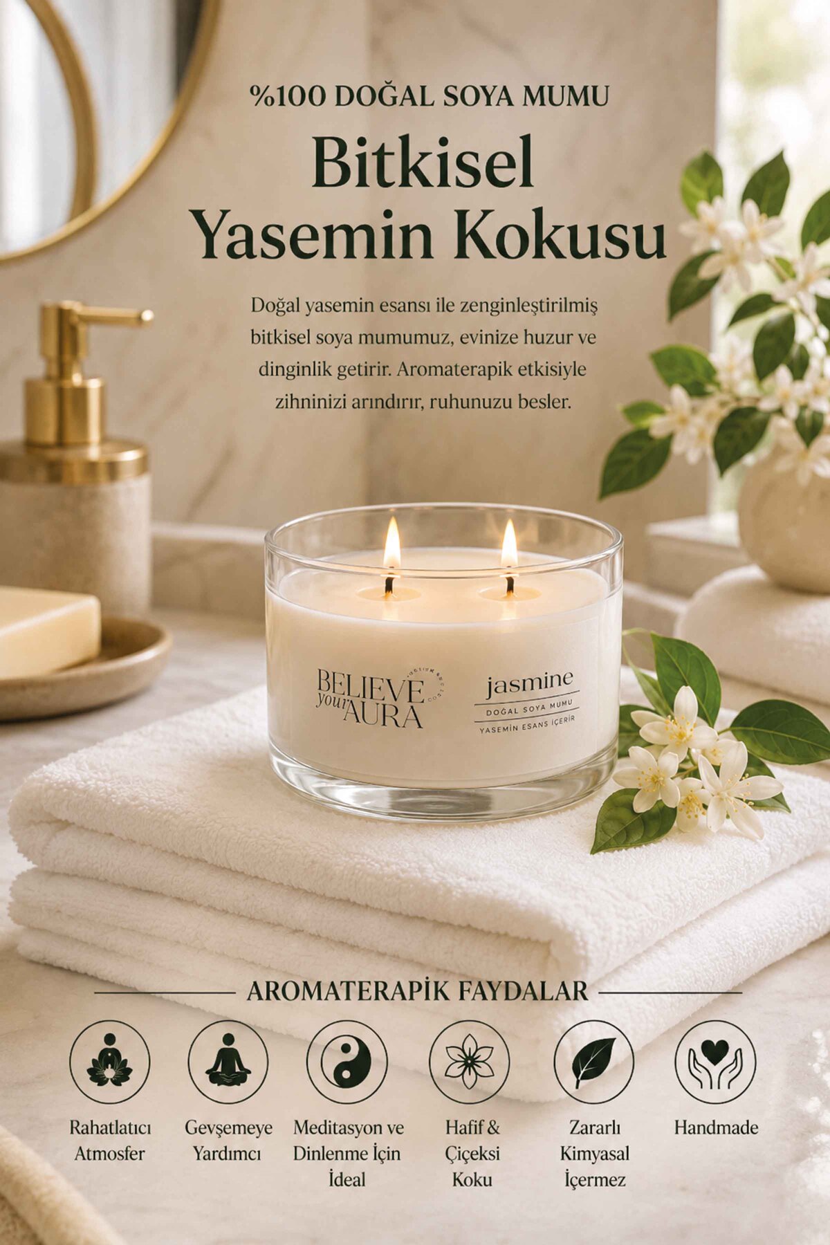 Believe Your Aura Yasemin Kokulu Soya Mumu – 120 cc aromaterapi kase mum, görsel 3