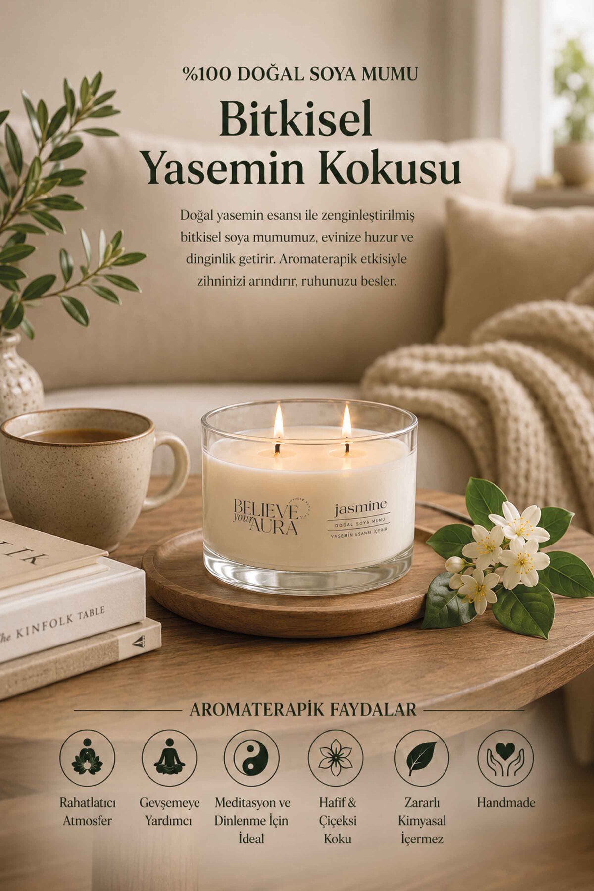Believe Your Aura Yasemin Kokulu Soya Mumu – 120 cc aromaterapi kase mum, görsel 4
