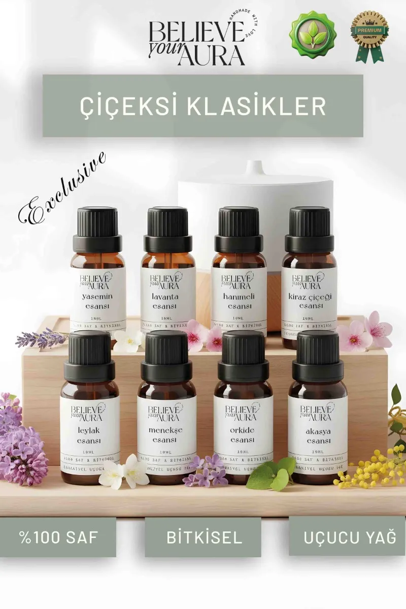 Believe Your Aura Çiçek Esans Seti - %100 Saf & Bitkisel Buhurdanlık ve Difizör 8'li Uçucu Yağ Esans Seti - 8x10 mlBESET001