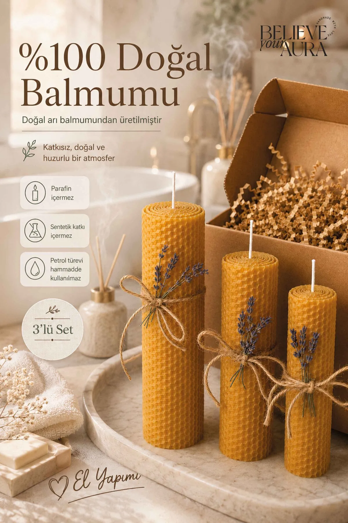 %100 Doğal Petek Balmumu - Premium El Yapımı Parafinsiz Katkısız Dekoratif Hediyelik Yoga ve Meditasyon Mumu - 3'lü Set BLMSETM211-13-BSC