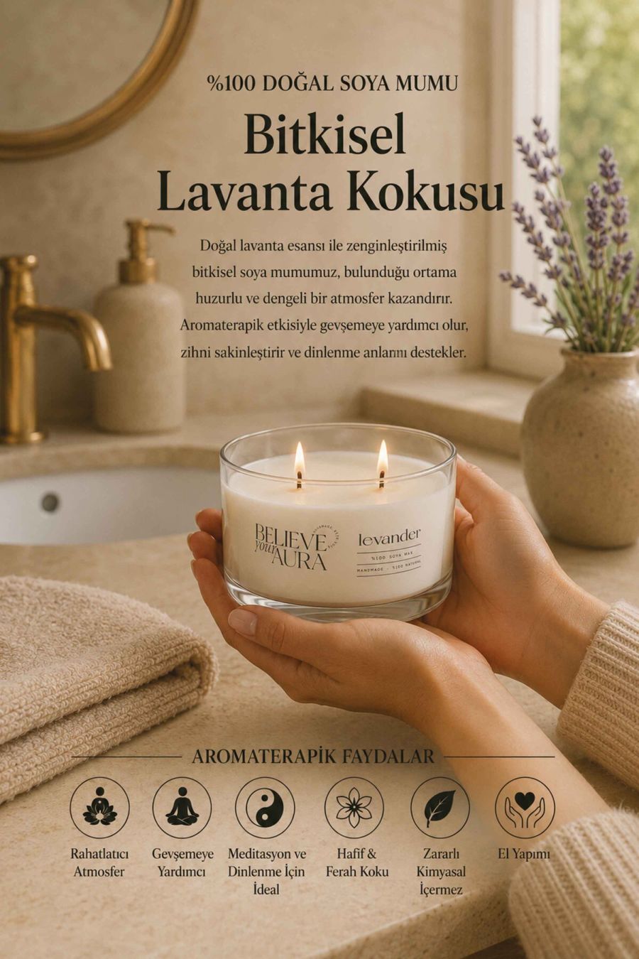 Believe Your Aura Lavanta Kokulu Soya Mumu – 120 cc aromaterapi kase mum, görsel 2