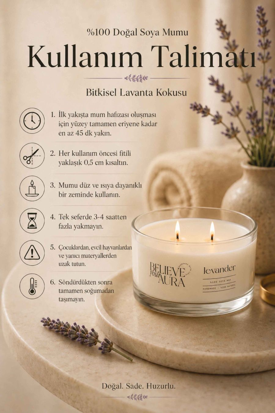 Believe Your Aura Lavanta Kokulu Soya Mumu – 120 cc aromaterapi kase mum, görsel 3