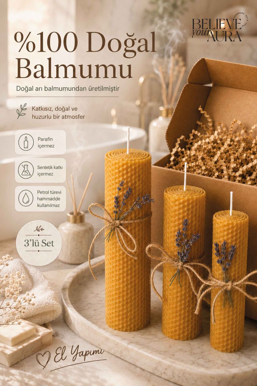 %100 Doğal Petek Balmumu - Premium El Yapımı Parafinsiz Katkısız Dekoratif Hediyelik Yoga ve Meditasyon Mumu - 3'lü Set BLMSETM211-13-BSC