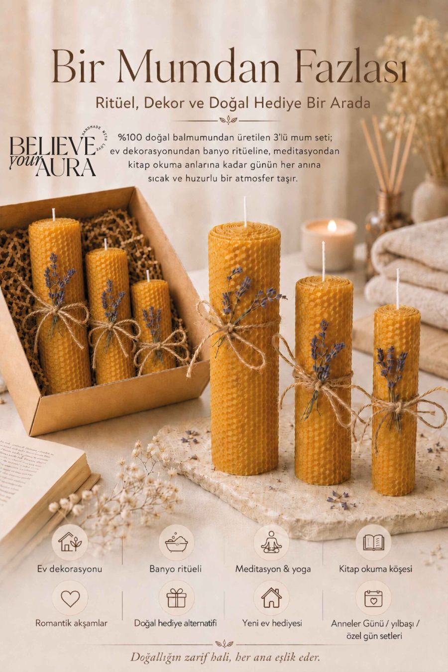 %100 Doğal Petek Balmumu - Premium El Yapımı Parafinsiz Katkısız Dekoratif Hediyelik Yoga ve Meditasyon Mumu - 3'lü Set BLMSETM211-13-BSC