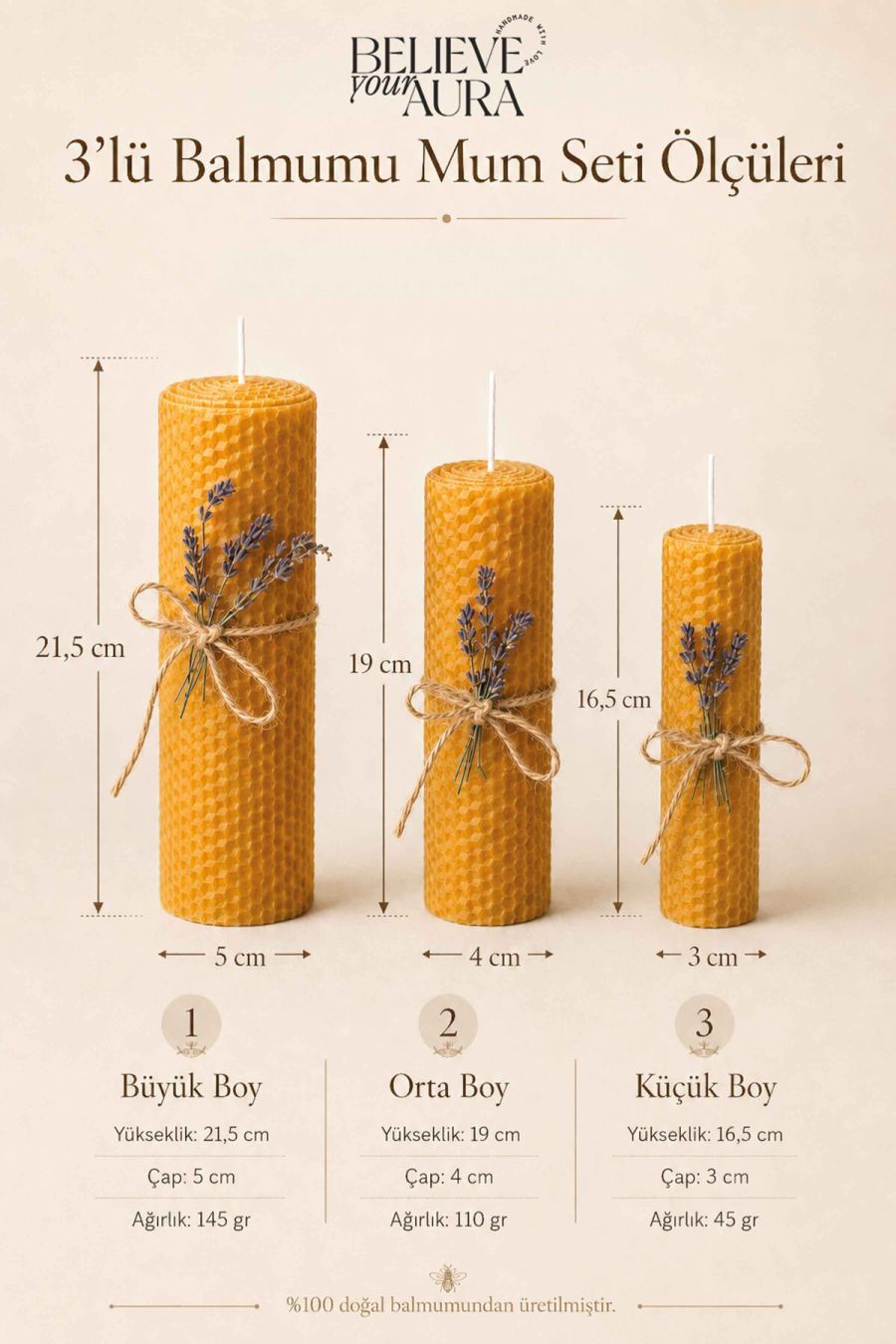 %100 Doğal Petek Balmumu - Premium El Yapımı Parafinsiz Katkısız Dekoratif Hediyelik Yoga ve Meditasyon Mumu - 3'lü Set BLMSETM211-13-BSC