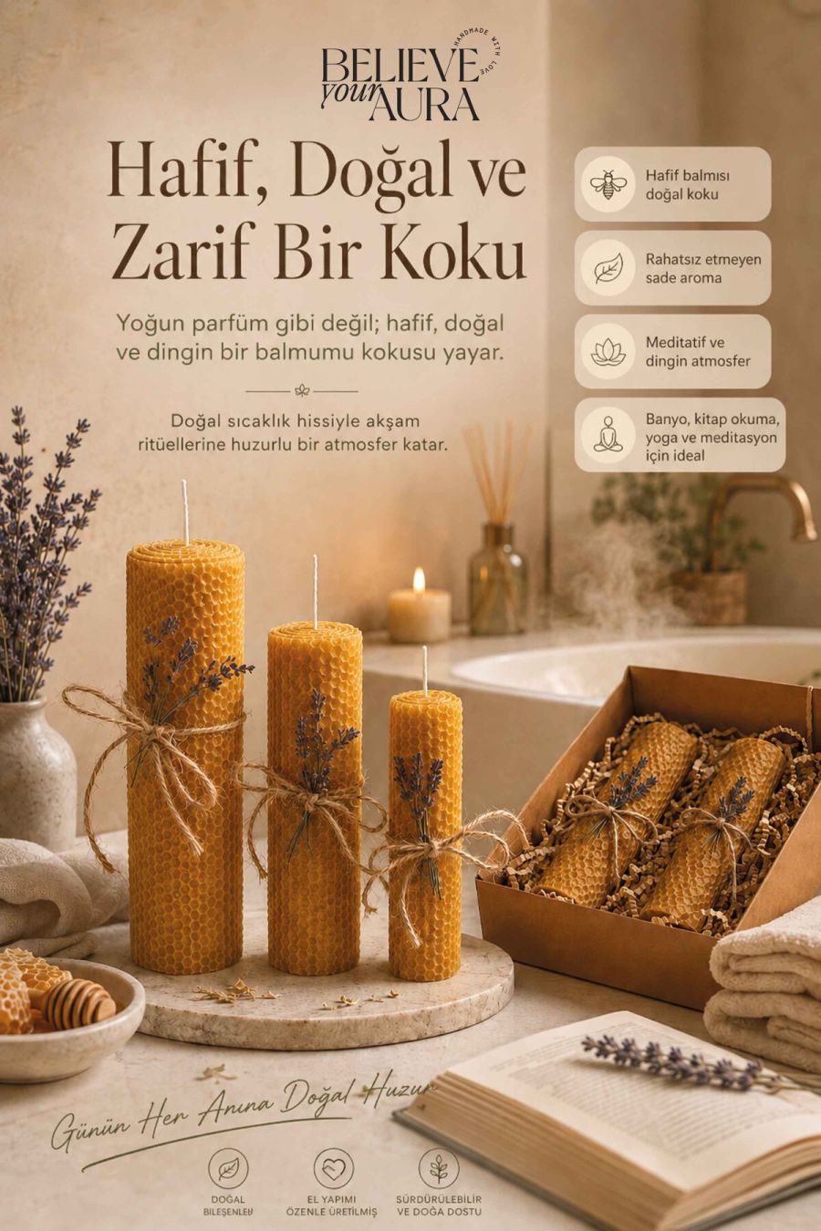 %100 Doğal Petek Balmumu - Premium El Yapımı Parafinsiz Katkısız Dekoratif Hediyelik Yoga ve Meditasyon Mumu - 3'lü Set BLMSETM211-13-BSC