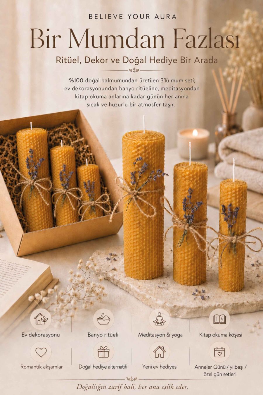 %100 Doğal Petek Balmumu - Premium El Yapımı Parafinsiz Katkısız Dekoratif Hediyelik Yoga ve Meditasyon Mumu - 3'lü Set BLMSETM211-13-BSC