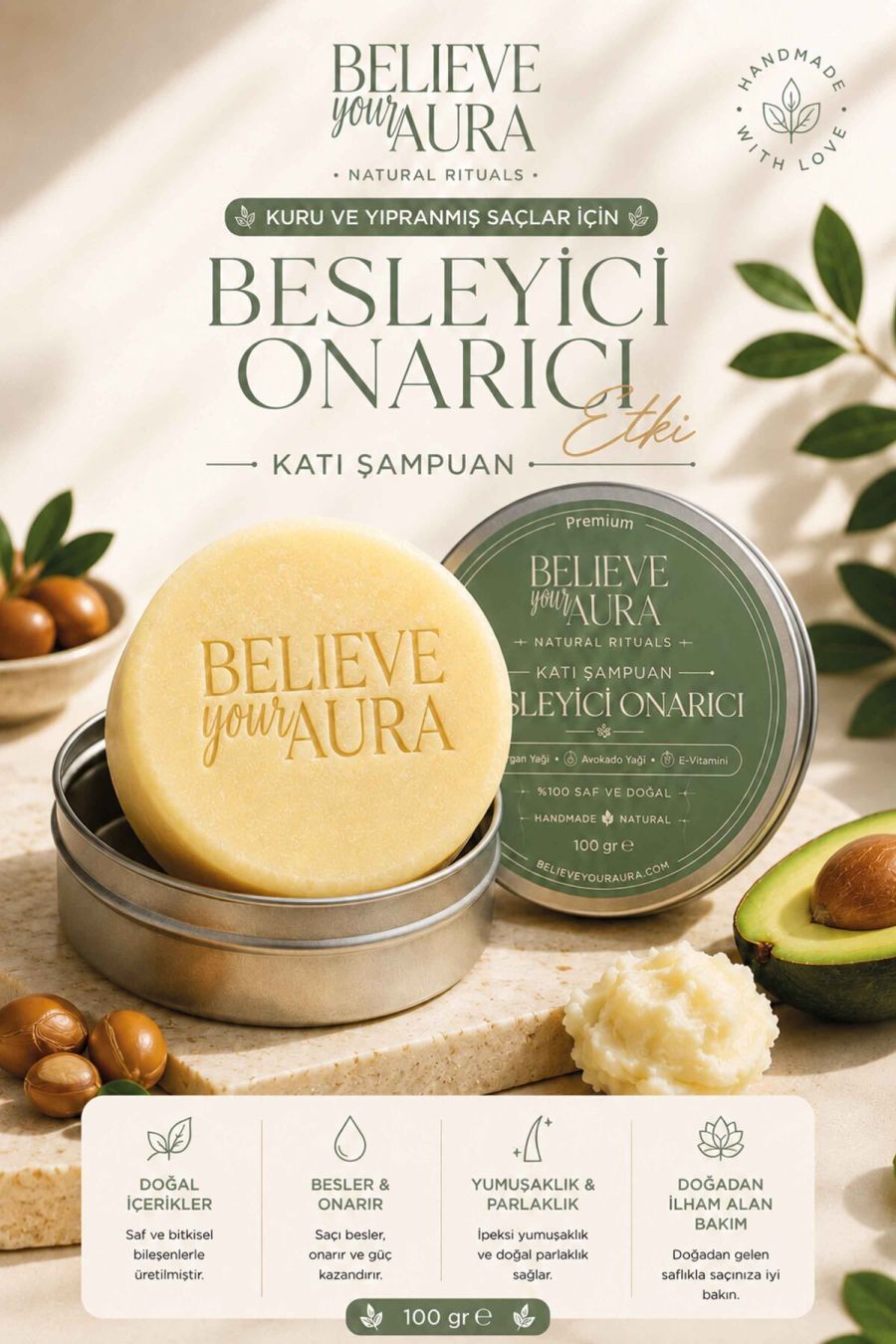 Besleyici Onarıcı Katı Şampuan - %100 Doğal İçerikler E-Vitamini Provitamin B5 Kuru ve Yıpranmış Saçlar - 100 gr KSHMP01-100