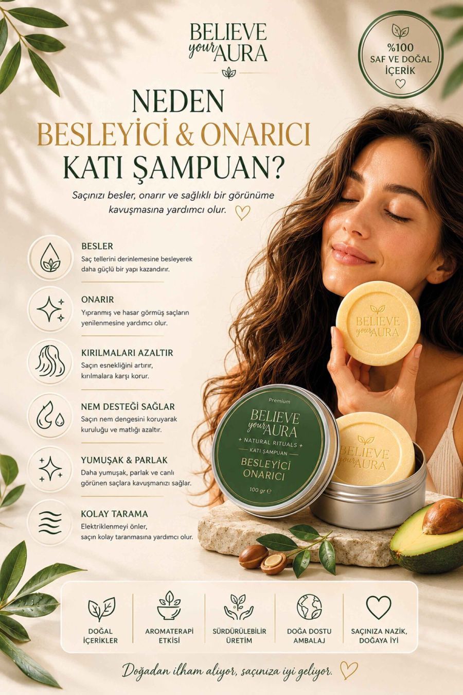 Besleyici Onarıcı Katı Şampuan - %100 Doğal İçerikler E-Vitamini Provitamin B5 Kuru ve Yıpranmış Saçlar - 100 gr KSHMP01-100
