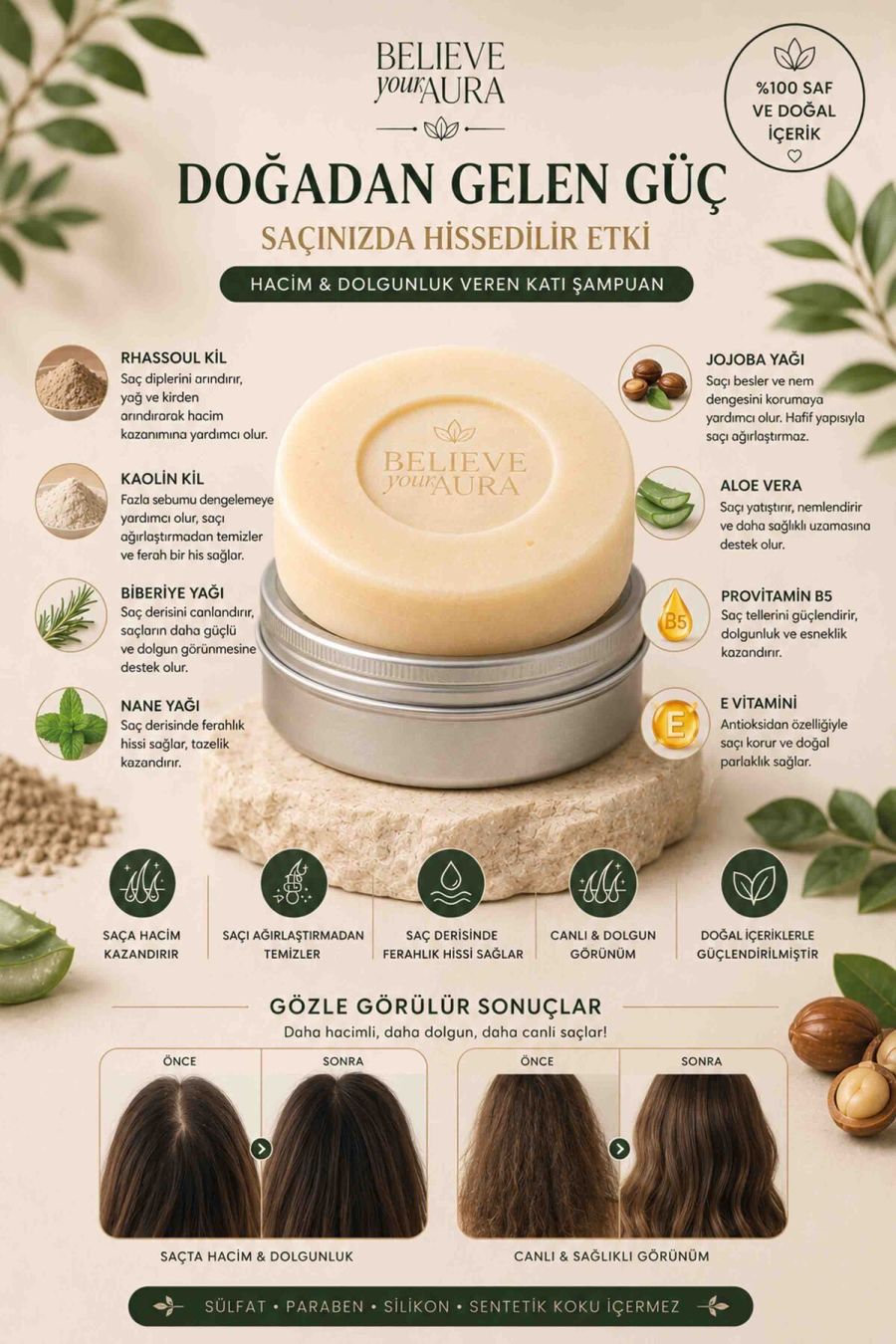 Hacim ve Dolgunluk Veren Katı Şampuan - %100 Doğal İnce Telli ve Normal Saçlar İçin Kaolin Kil Biberiye Yağı Provitamin B5 - 100 gr KSHMP02-100