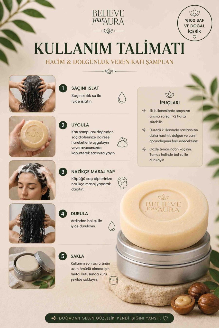 Hacim ve Dolgunluk Veren Katı Şampuan - %100 Doğal İnce Telli ve Normal Saçlar İçin Kaolin Kil Biberiye Yağı Provitamin B5 - 100 gr KSHMP02-100