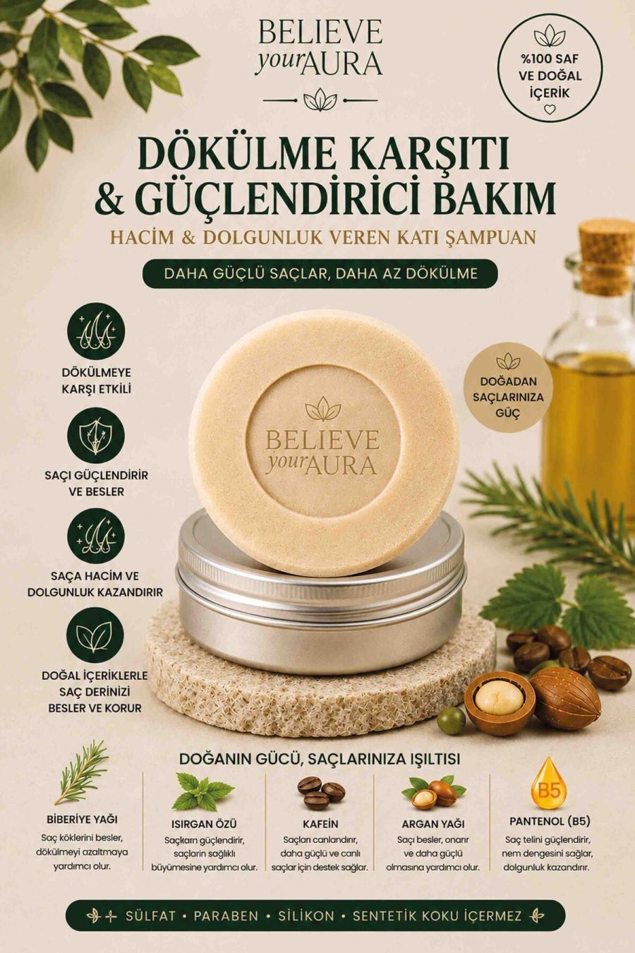 Dökülme Karşıtı Güçlendirici Katı Şampuan - %100 Doğal Biberiye Yağı Argan Yağı ve Provitamin B5 - 100 gr KSHMP03-100