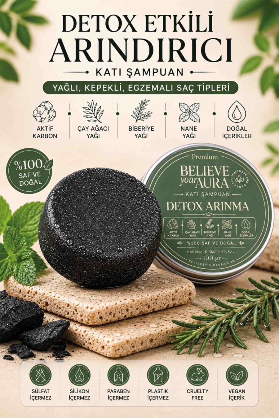 Detox Arındırıcı Katı Şampuan - %100 Doğal Bitkisel Keratin Aktif Karbon E Vitamini Panthenol Kepekli Yağlı Saçlar - 100 gr KSHMP04-100