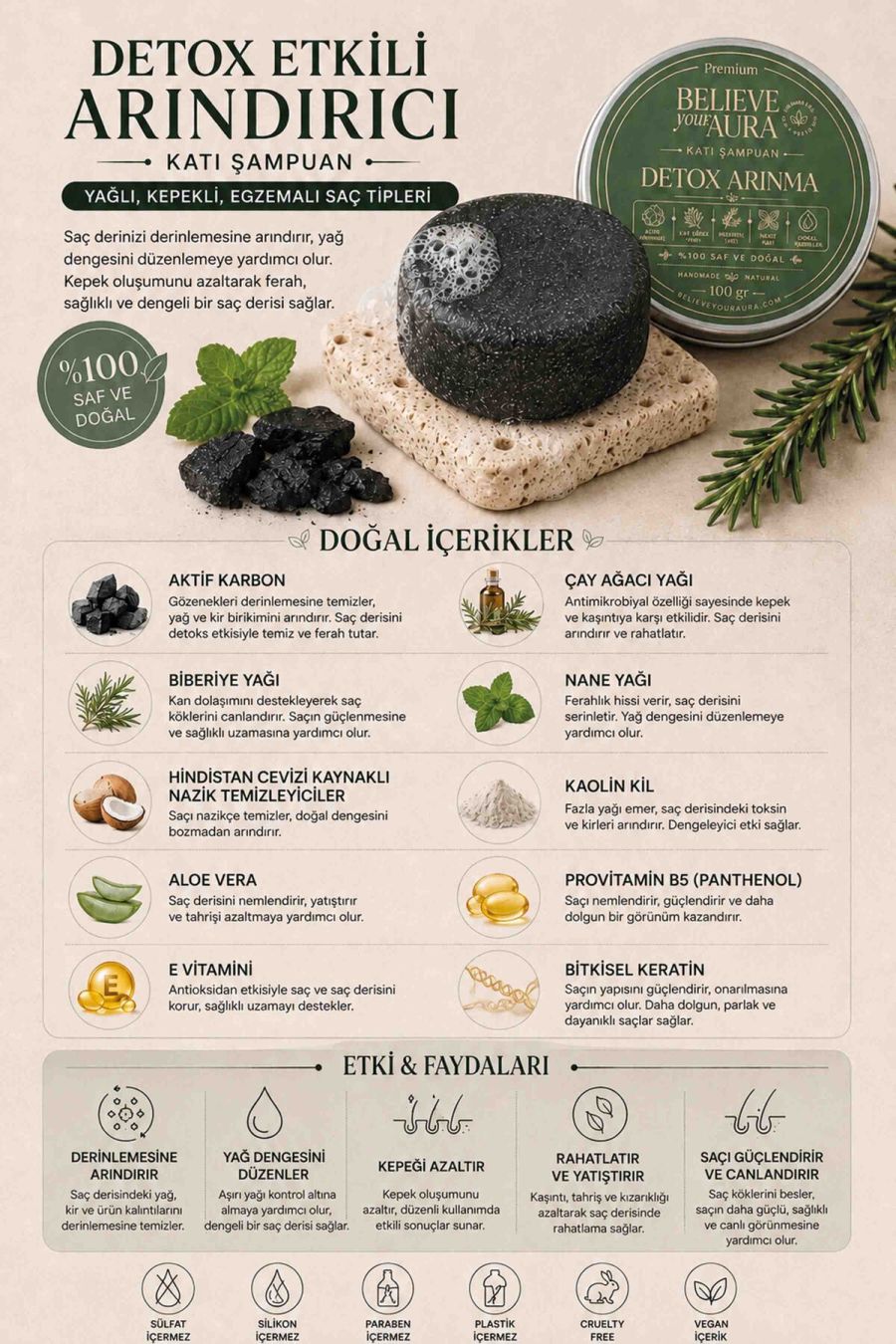 Detox Arındırıcı Katı Şampuan - %100 Doğal Bitkisel Keratin Aktif Karbon E Vitamini Panthenol Kepekli Yağlı Saçlar - 100 gr KSHMP04-100