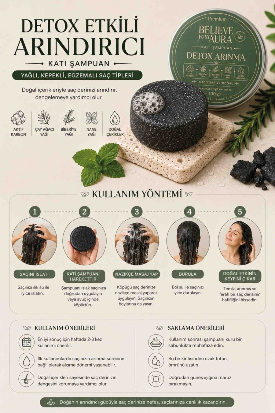 Detox Arındırıcı Katı Şampuan - %100 Doğal Bitkisel Keratin Aktif Karbon E Vitamini Panthenol Kepekli Yağlı Saçlar - 100 gr KSHMP04-100