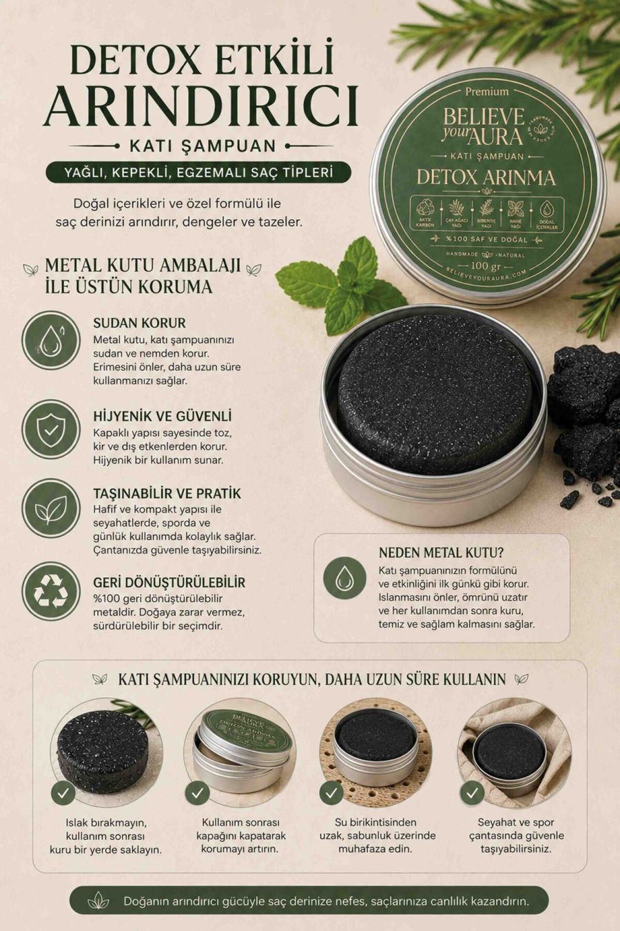 Detox Arındırıcı Katı Şampuan - %100 Doğal Bitkisel Keratin Aktif Karbon E Vitamini Panthenol Kepekli Yağlı Saçlar - 100 gr KSHMP04-100