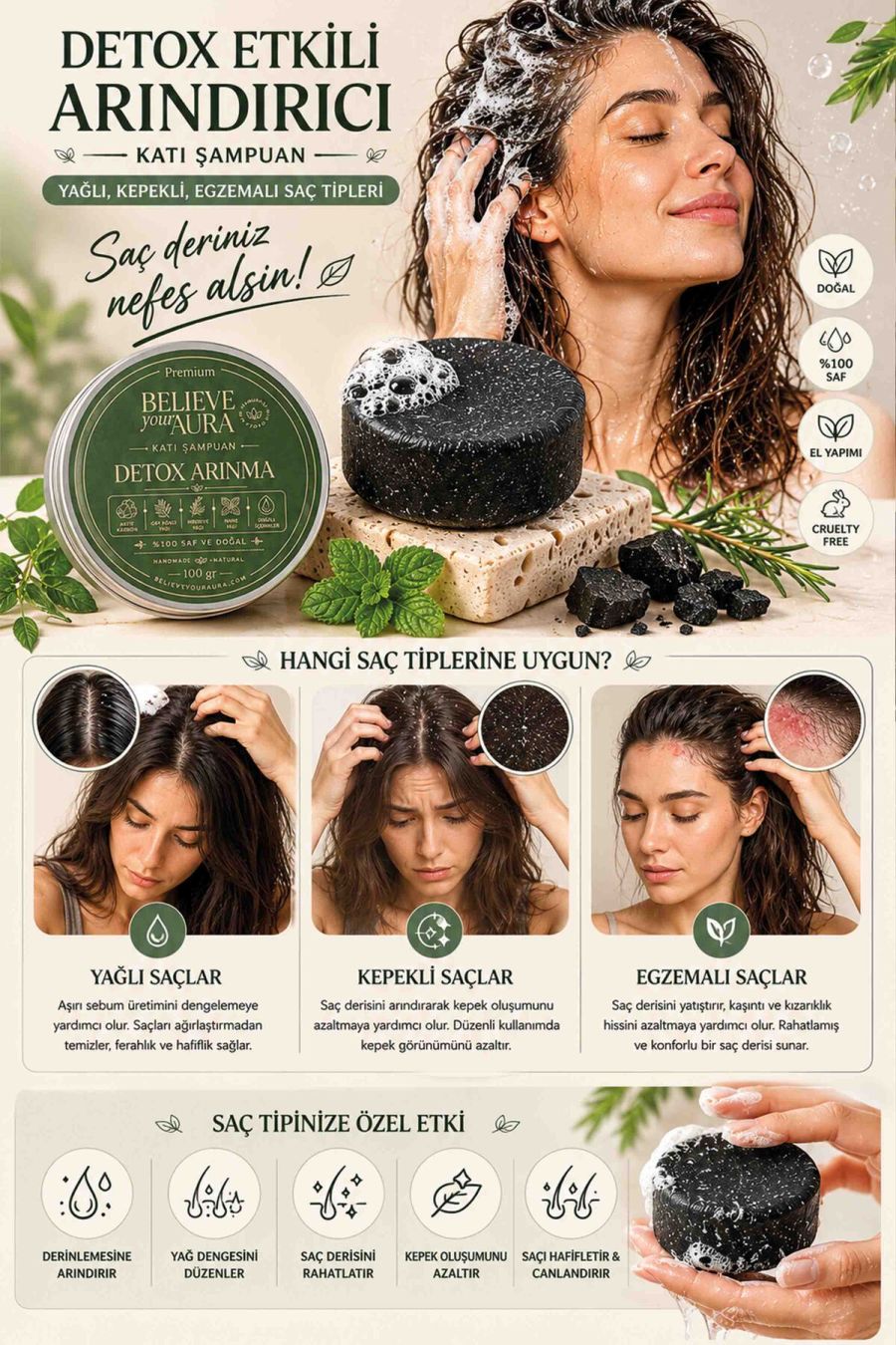 Detox Arındırıcı Katı Şampuan - %100 Doğal Bitkisel Keratin Aktif Karbon E Vitamini Panthenol Kepekli Yağlı Saçlar - 100 gr KSHMP04-100
