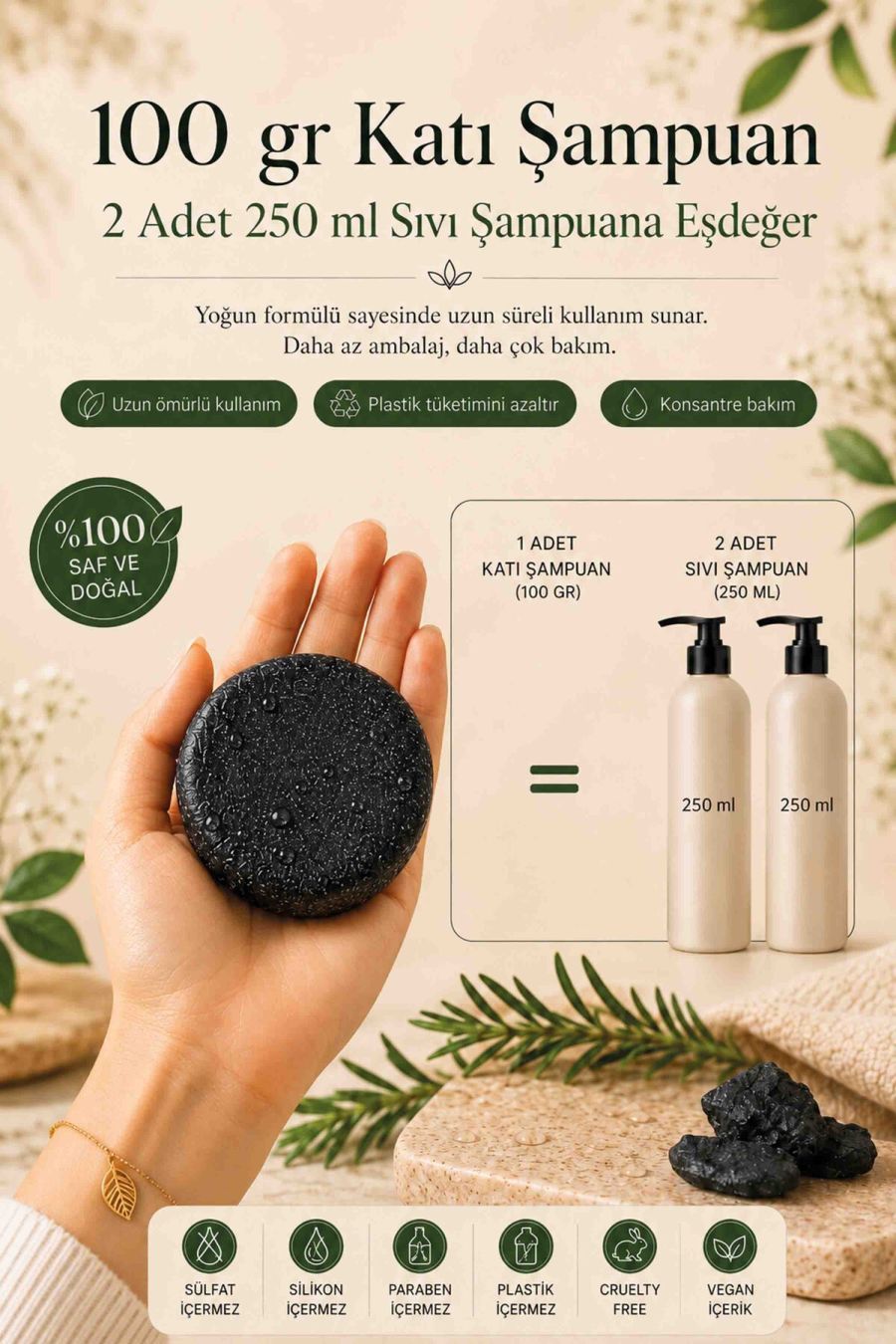 Detox Arındırıcı Katı Şampuan - %100 Doğal Bitkisel Keratin Aktif Karbon E Vitamini Panthenol Kepekli Yağlı Saçlar - 100 gr KSHMP04-100