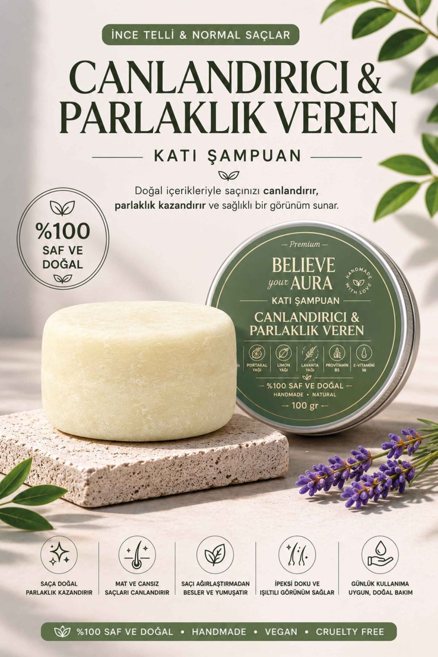 Canlandırıcı Katı Şampuan - %100 Doğal Mat ve Cansız Saçlar İçin Canlandırıcı ve Parlaklık Veren Katı Şampuan - 100 gr KSHMP05-100