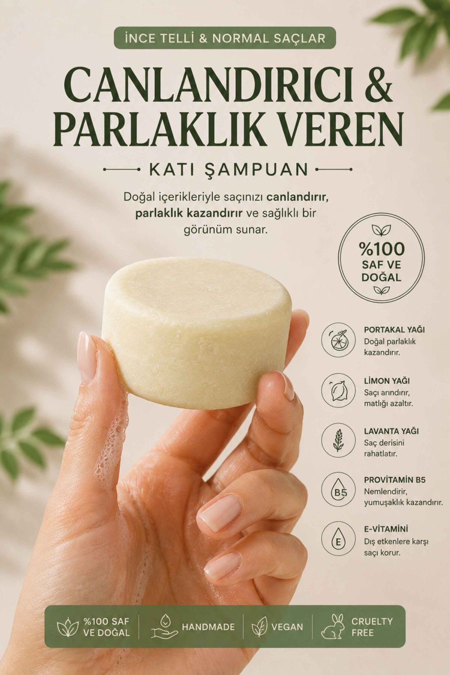 Canlandırıcı Katı Şampuan - %100 Doğal Mat ve Cansız Saçlar İçin Canlandırıcı ve Parlaklık Veren Katı Şampuan - 100 gr KSHMP05-100