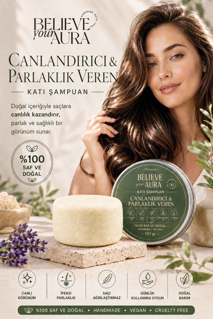 Canlandırıcı Katı Şampuan - %100 Doğal Mat ve Cansız Saçlar İçin Canlandırıcı ve Parlaklık Veren Katı Şampuan - 100 gr KSHMP05-100