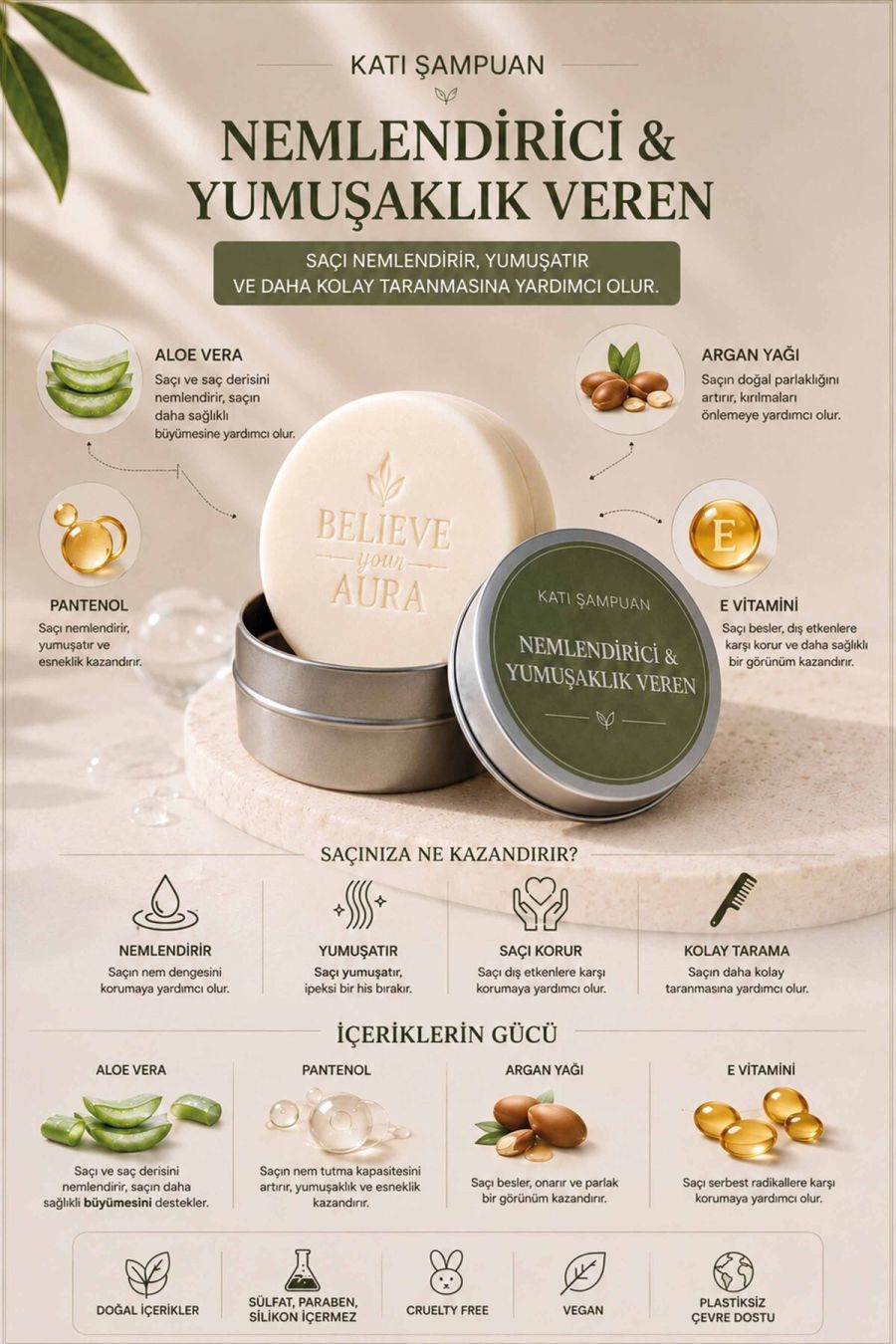 Derin Nemlendirici Yumuşatıcı Katı Şampuan - Kuru ve Kepekli Saçlar İçin Argan Yağı Aloe Vera E-Vitamini Provitamin B5 - 100 gr KSHMP06-100