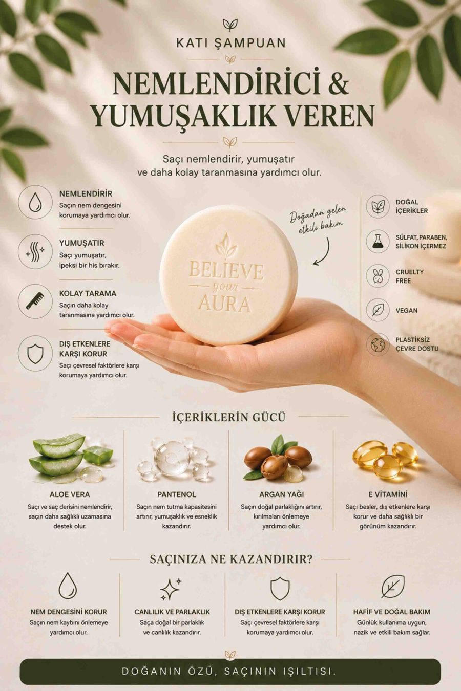 Derin Nemlendirici Yumuşatıcı Katı Şampuan - Kuru ve Kepekli Saçlar İçin Argan Yağı Aloe Vera E-Vitamini Provitamin B5 - 100 gr KSHMP06-100