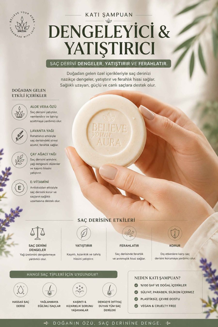 Dengeleyici Yatıştırıcı Katı Şampuan - %100 Doğal Hassas ve Yağlı Saçlar İçin Çay Ağacı Yağı E-Vitamini Aloe Vera - 100 gr KSHMP07-100