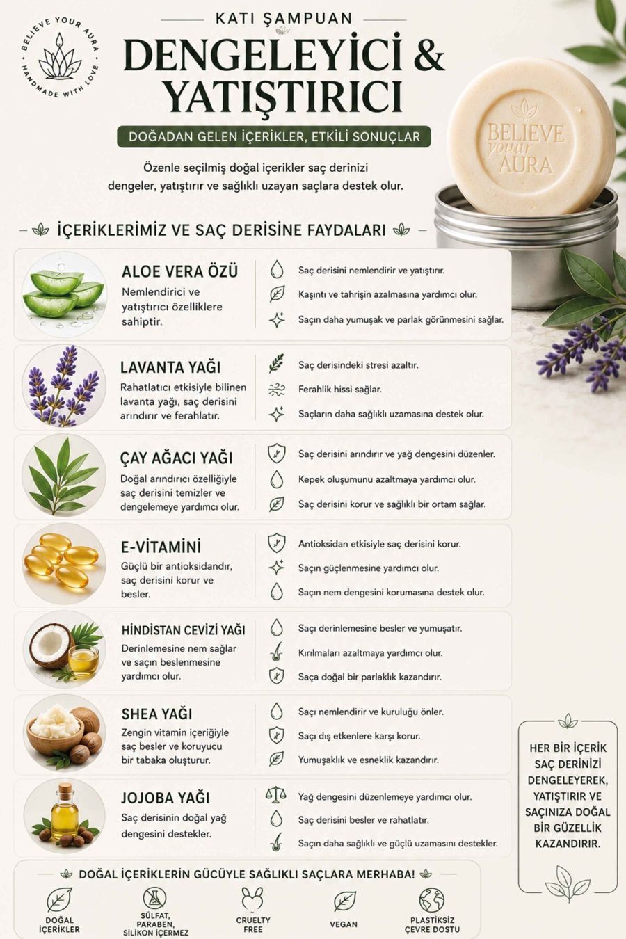 Dengeleyici Yatıştırıcı Katı Şampuan - %100 Doğal Hassas ve Yağlı Saçlar İçin Çay Ağacı Yağı E-Vitamini Aloe Vera - 100 gr KSHMP07-100