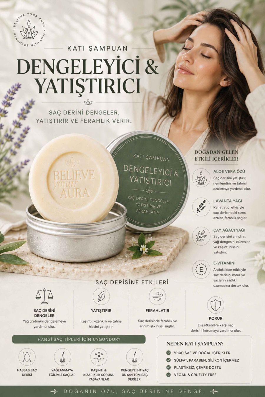 Dengeleyici Yatıştırıcı Katı Şampuan - %100 Doğal Hassas ve Yağlı Saçlar İçin Çay Ağacı Yağı E-Vitamini Aloe Vera - 100 gr KSHMP07-100