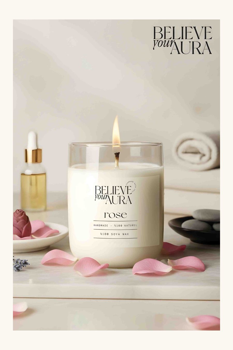 Believe Your Aura Gül Kokulu Bardak Mum - %100 Doğal Soya Mumu Aromaterapi Bardak Mum MBSBRD04510-GUL