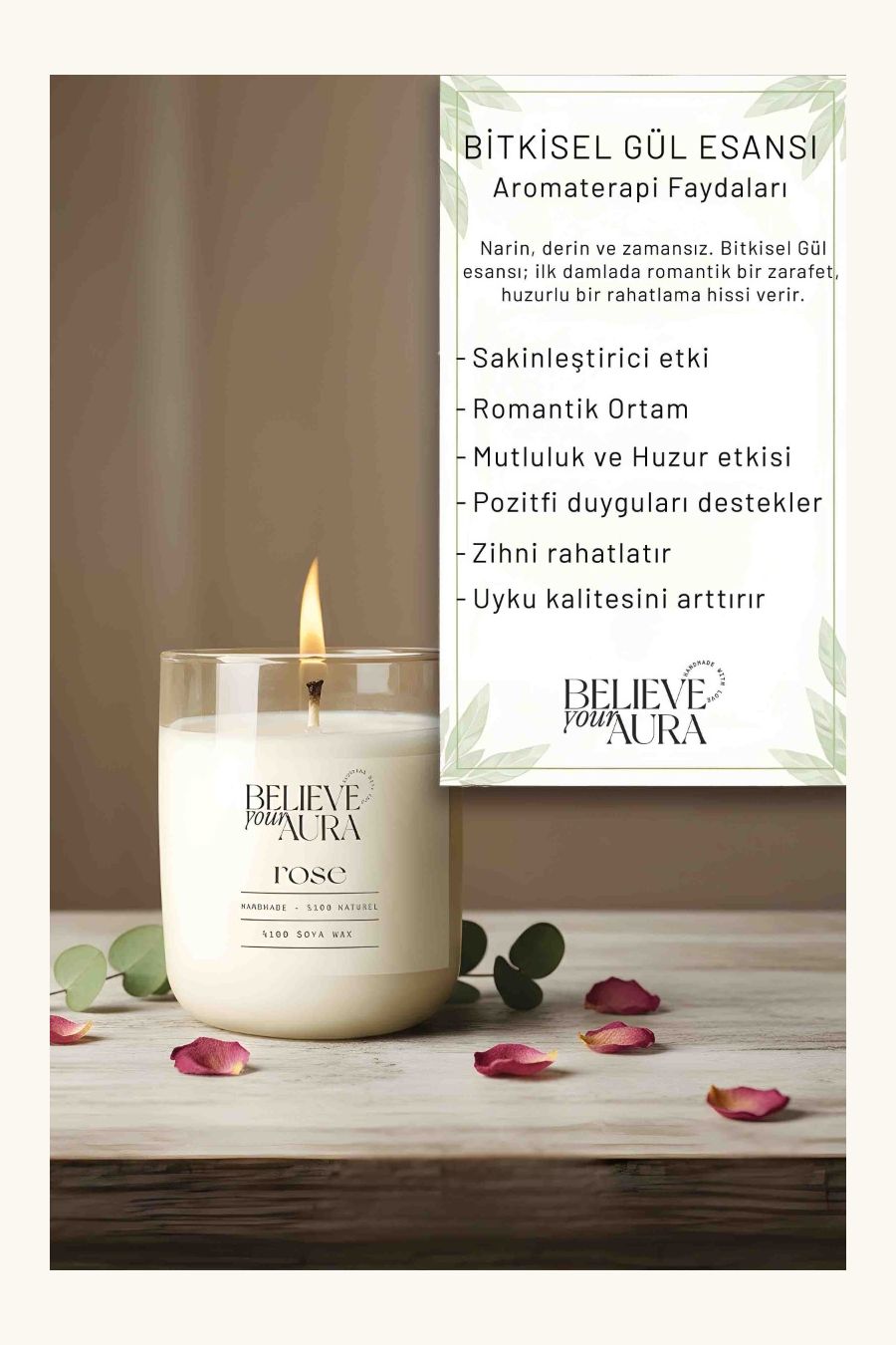 Believe Your Aura Gül Kokulu Bardak Mum - %100 Doğal Soya Mumu Aromaterapi Bardak Mum MBSBRD04510-GUL