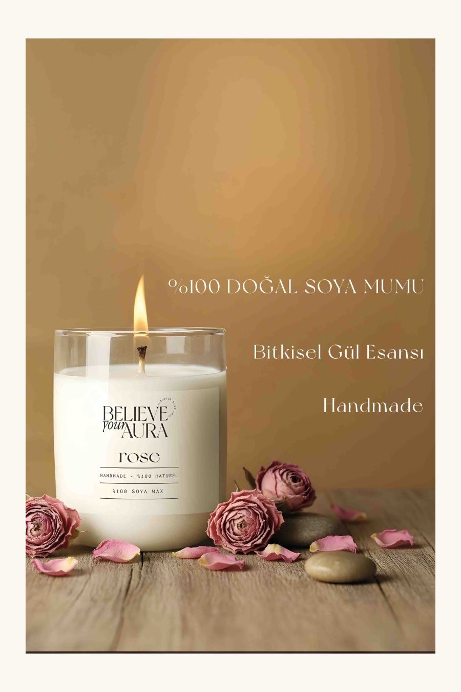 Believe Your Aura Gül Kokulu Bardak Mum - %100 Doğal Soya Mumu Aromaterapi Bardak Mum MBSBRD04510-GUL