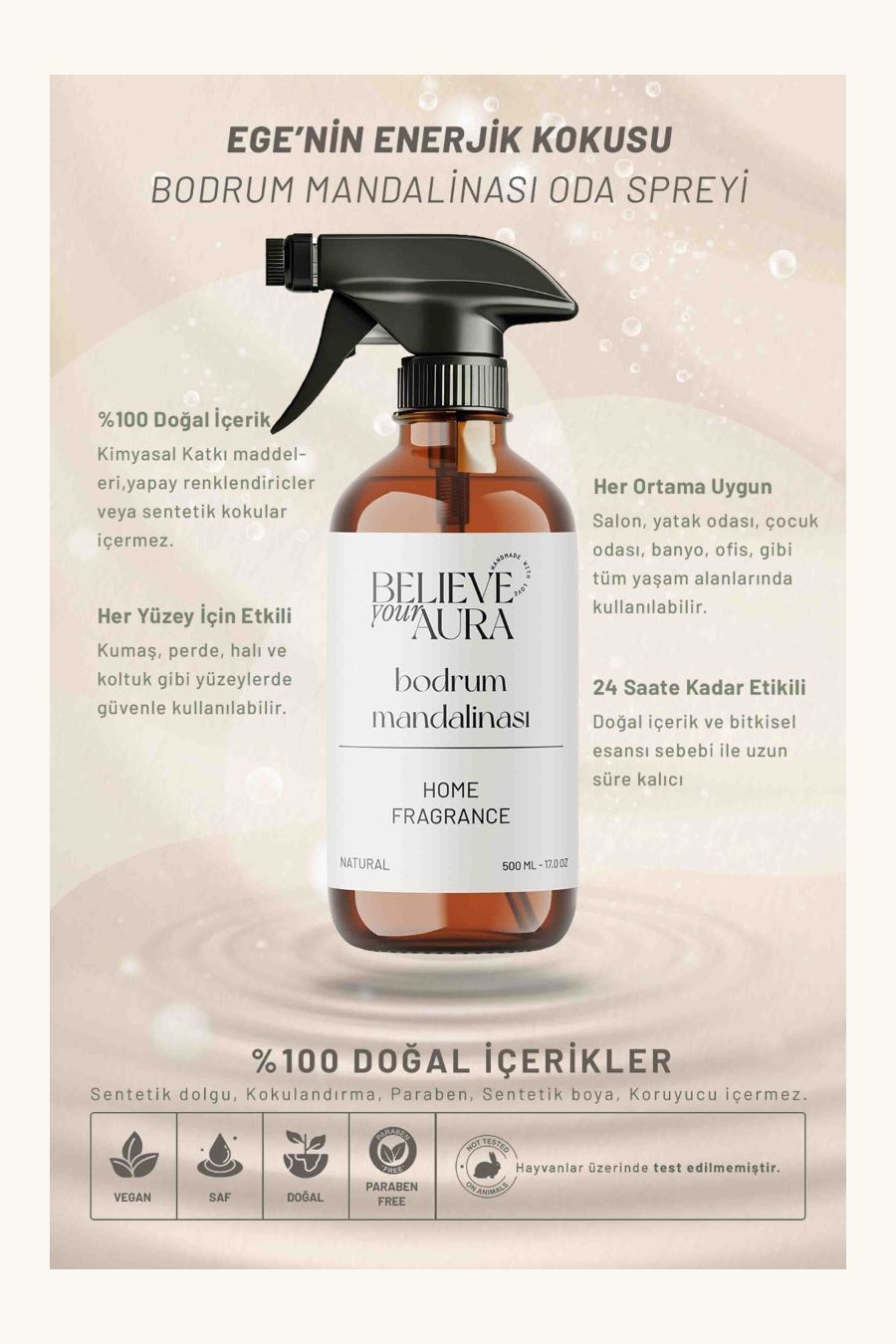 Believe You Aura Bitkisel Bodrum Mandalinası Kokulu Doğal Oda Spreyi ODASBDM-155